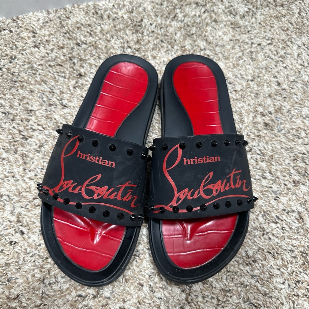 Christian Louboutin Black and Red Logo Slides